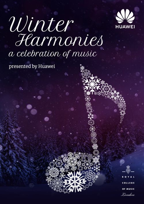 Poster for the Winter Harmonies concert, featuring a large quaver formed from snowflakes.